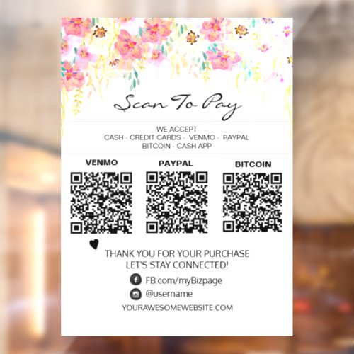  3 PAYMENTS Scan to Pay QR Floral  Window Cling