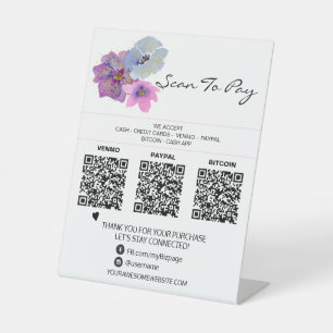 *~* 3 PAYMENTS Table Tent QR Tabletop Blue Floral Pedestal Sign
