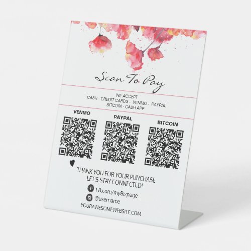  3 PAYMENTS Table Tent QR Tabletop Floral Poppy Pedestal Sign