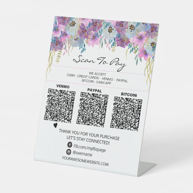 *~* 3 PAYMENTS Table Tent QR Tabletop Flowers Pedestal Sign (Front)