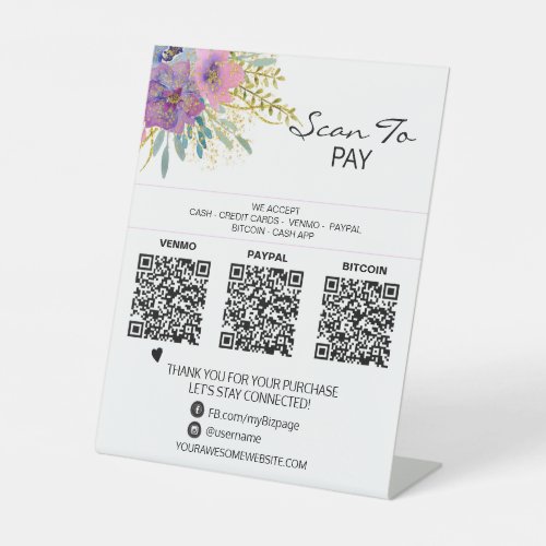  3 PAYMENTS Table Tent QR Tabletop Flowers Pedestal Sign