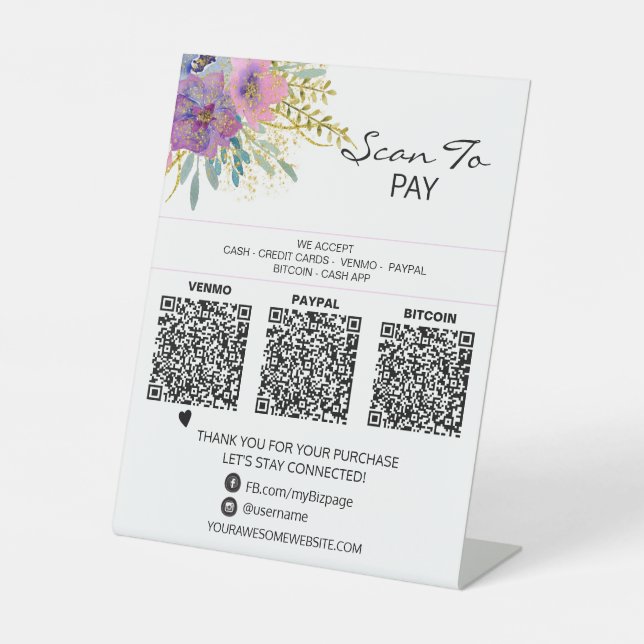 *~* 3 PAYMENTS Table Tent QR Tabletop Flowers Pedestal Sign (Front)