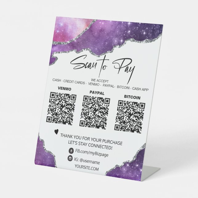 *~* 3 PAYMENTS Tabletop QR  Table Tent AGATE Pedestal Sign (Front)
