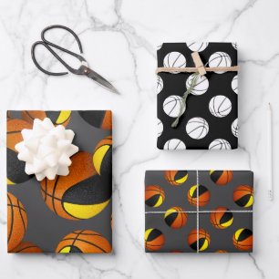 3 pc coordinating black gold basketballs wrapping paper sheets