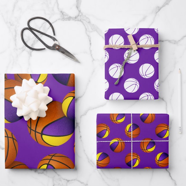 3 pc coordinating purple gold basketballs wrapping paper sheets (Front)