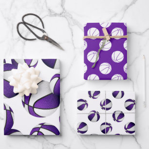 3 pc coordinating purple team colors basketballs wrapping paper sheets