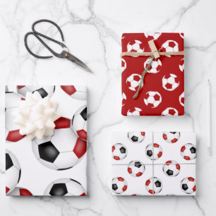 3 pc coordinating red black team colors soccer wrapping paper sheets