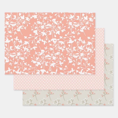 3 pc Set Peach and Tan Floral and Pink Polka Dots Wrapping Paper Sheets