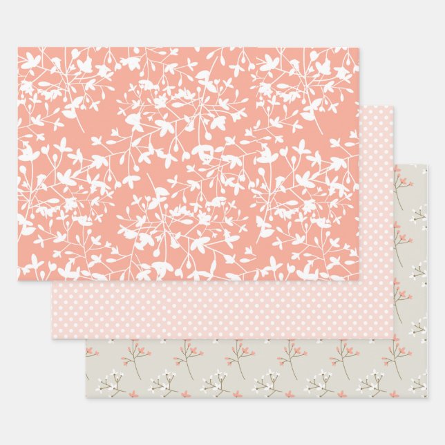 3 pc Set Peach and Tan Floral and Pink Polka Dots Wrapping Paper Sheets (Set)