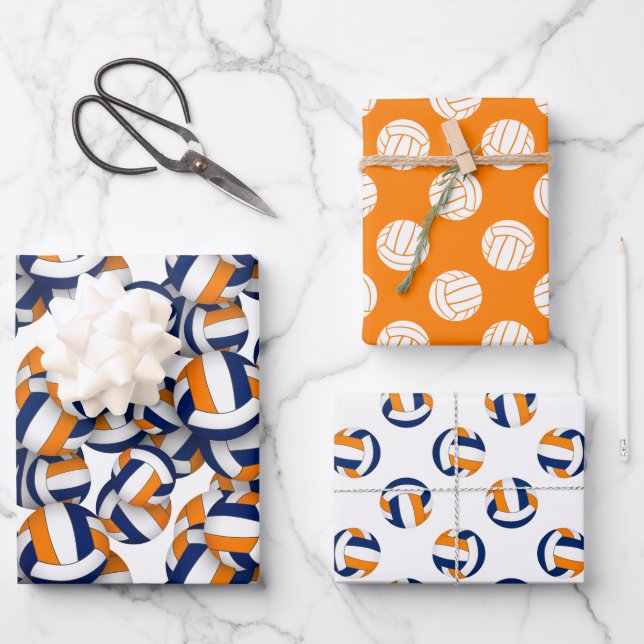 3 pc volleyball patterns coordinating blue orange  wrapping paper sheets (Front)