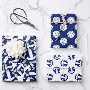 3 pc volleyball patterns coordinating blue white  wrapping paper sheets