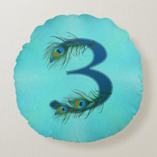 3 Peacock Feather Anniversary Elegant Round Pillow