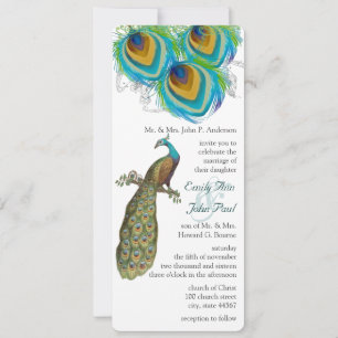 3 Peacock Feathers Art Deco Wedidng Invite