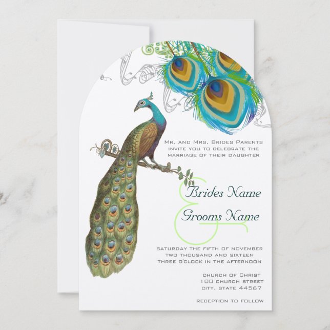 3 Peacock Feathers Art Deco Wedidng Invite (Front)