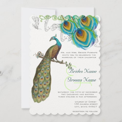 3 Peacock Feathers Art Deco Wedidng Invite