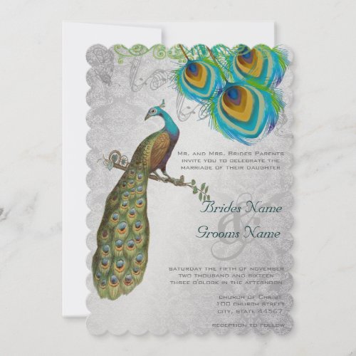 3 Peacock Feathers Art Deco Wedidng Invite