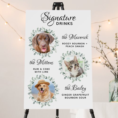 3 Pets Signature Drinks Greenery Wedding Bar Sign