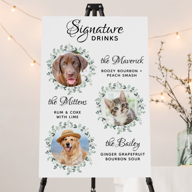3 Pets Signature Drinks Greenery Wedding Bar Sign (Creator Uploaded)