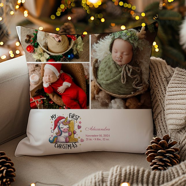 3 Photo 1st Baby Christmas Pink Gold Unicorn Throw Pillow (Creator Uploaded)