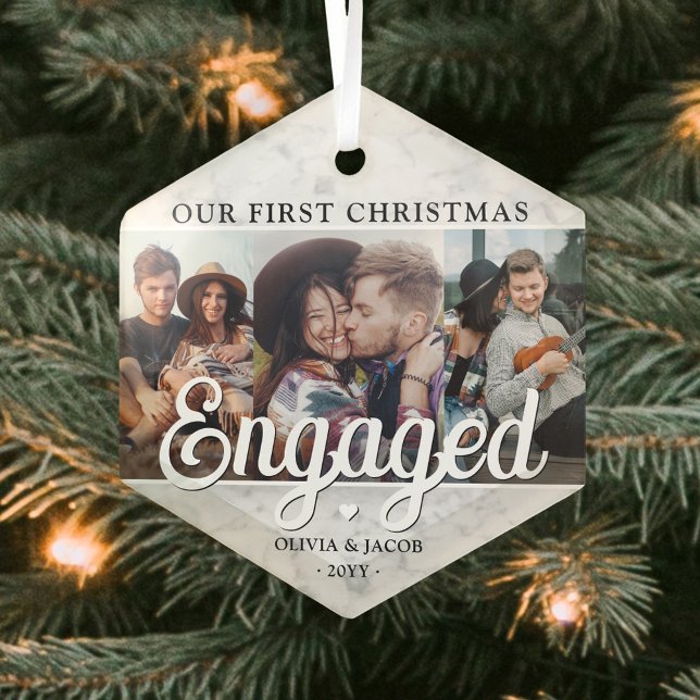 3 Photo 1st Christmas Engaged Faux Marble Hexagon Glass Ornament (Creator Uploaded)