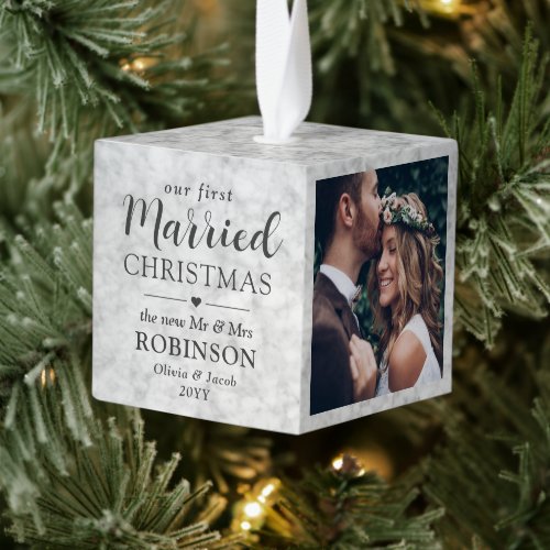 3 Photo 1st Married Christmas Elegant Faux Marble Cube Ornament
