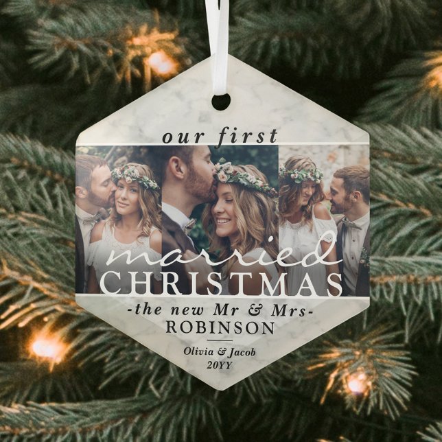 3 Photo 1st Married Christmas Modern Faux Marble Glass Ornament (Creator Uploaded)