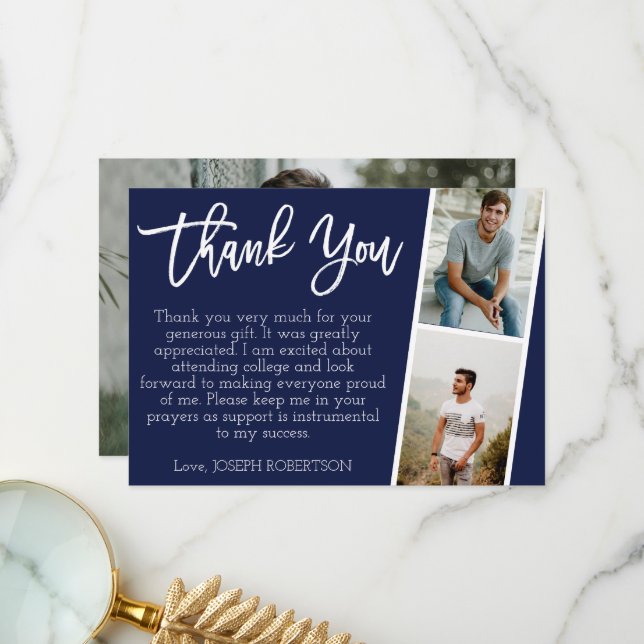 3 Photo (2+1) Script Graduation Thank You Card | Zazzle