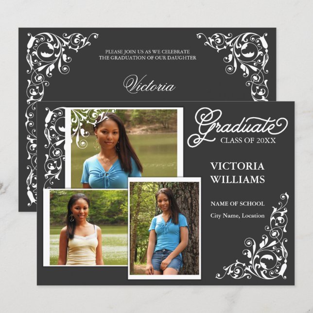 3 Photo and Swirls Graduation Announcement (Front/Back)