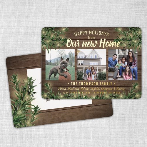 3 Photo Any Text New Home Wood  Garland Lights Foil Holiday Card