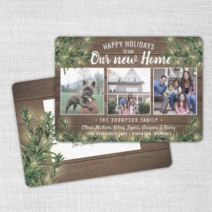 3 Photo Any Text New Home Wood & Garland Lights Holiday Card