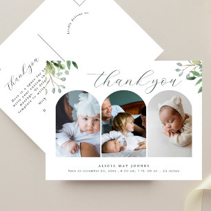 3 Photo Arch Elegant Greenery New Baby Thank You Postcard