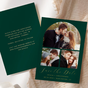 3-Photo Arch Emerald Green Gold Save the Date Foil Invitation
