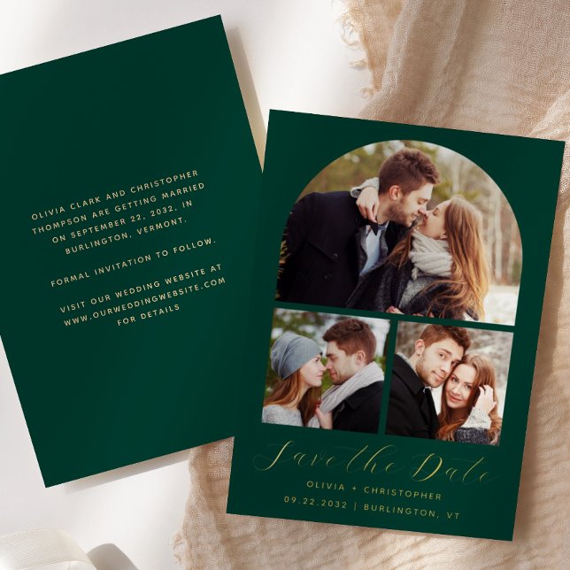 3-Photo Arch Emerald Green Gold Save the Date Foil Invitation (Creator Uploaded)