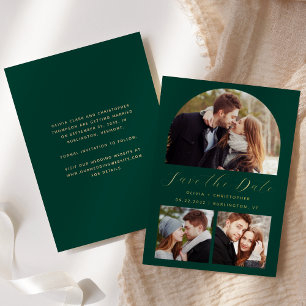 3-Photo Arch Emerald Green Gold Save the Date Foil Invitation