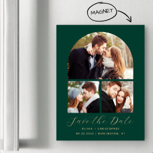3-Photo Arch Emerald Green Gold Save the Date Magnetic Invitation