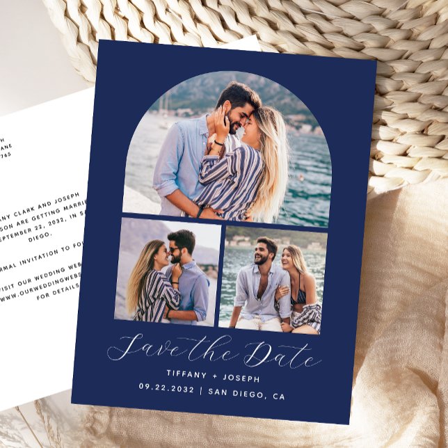 3 Photo Arch Navy Blue Save the Date Postcard (Creator Uploaded)