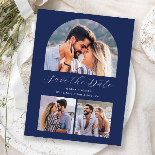 3 Photo Arch Navy Blue Save the Date Postcard