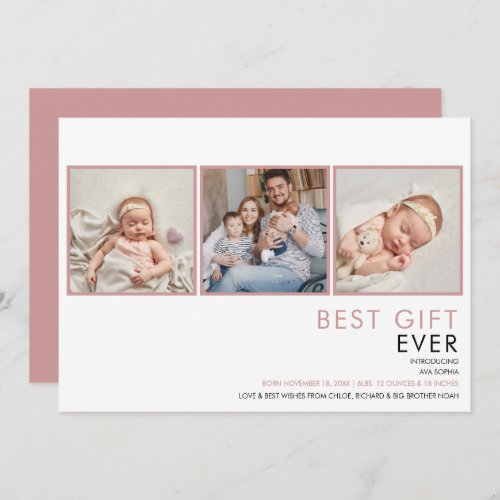 3 Photo Baby Girl Dusty Rose Pink Birth  Announcement
