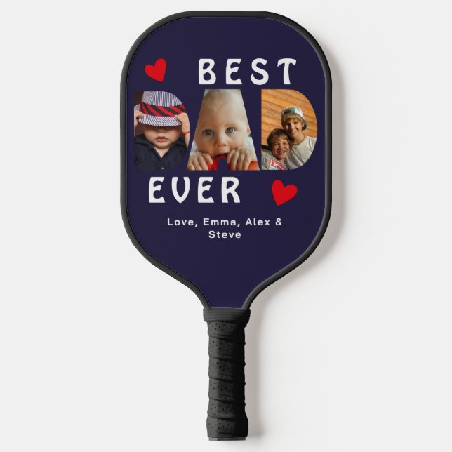 3 Photo Best Dad Ever Blue Collage Custom Pickleball Paddle (Front)