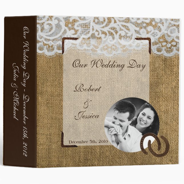 3" Photo Binder Scrapbook Horse Shoes on Burlap La (Front/Spine)