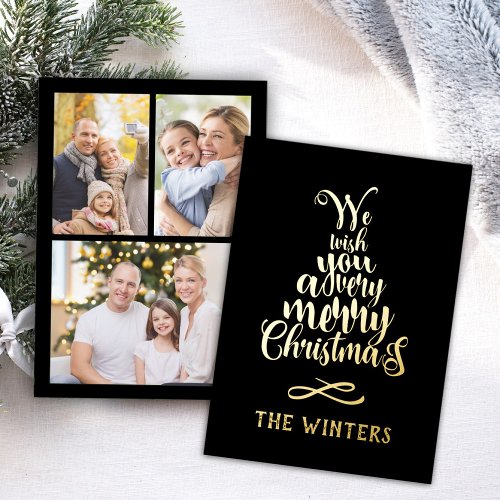 3 Photo Black and Gold Christmas Tree Lettering  Foil Holiday Card