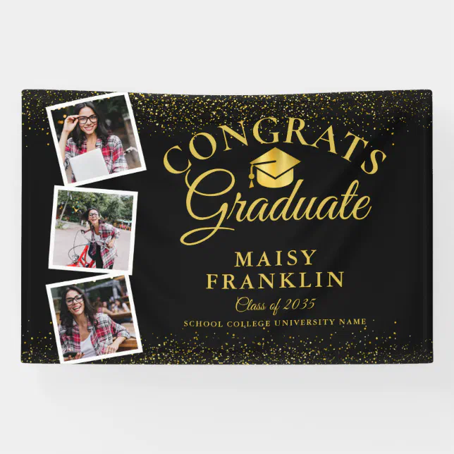 3 Photo Black And Gold Glitter Graduation Party Banner | Zazzle