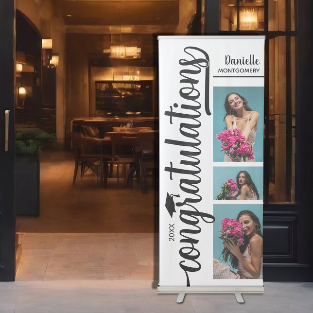 3 Photo Black and White Graduation Retractable Banner (Modern 3 Photo Collage Black and White Graduation Retractable Banner (33" x 84"))