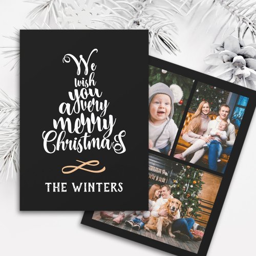 3 Photo Black  White Christmas Tree Lettering  Holiday Card