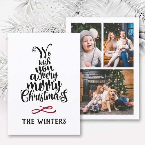 3 Photo Black  White Christmas Tree Lettering  Holiday Card