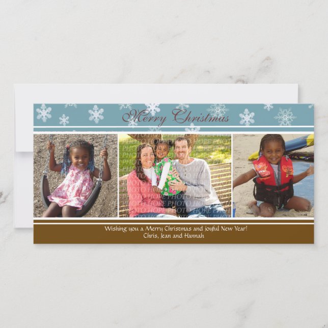 3 Photo Blue/Brown Snowflake Christmas Card (Front)
