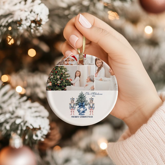 3 Photo Blue Chinoiserie Nutcracker Christmas Ceramic Ornament (Creator Uploaded)