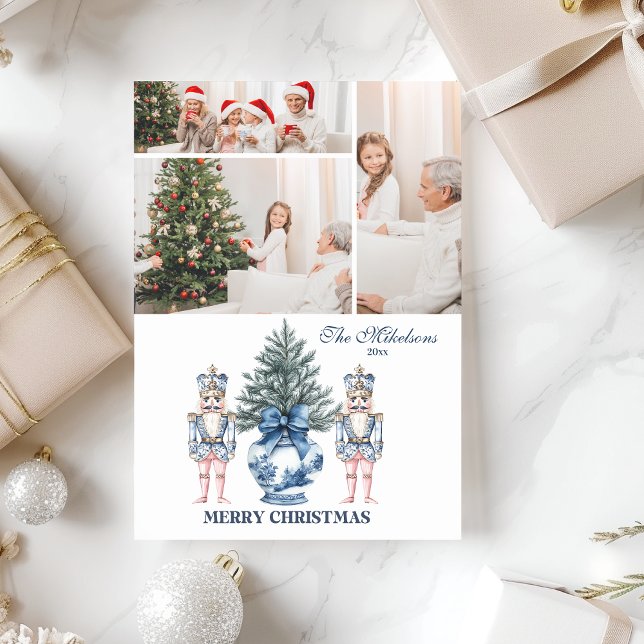 3 Photo Blue Chinoiserie Nutcracker Christmas Holiday Card (Creator Uploaded)