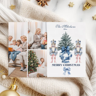 3 Photo Blue Chinoiserie Nutcracker Christmas Holiday Card