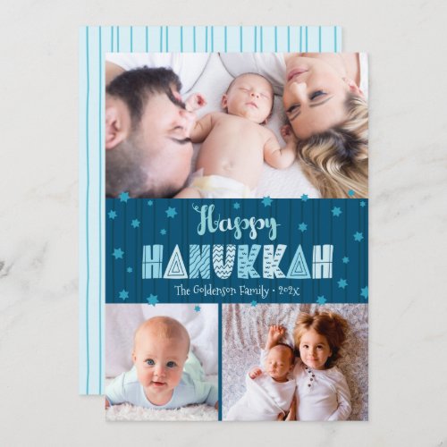 3 Photo Blue Happy Hanukkah Modern Fun Typography Holiday Card